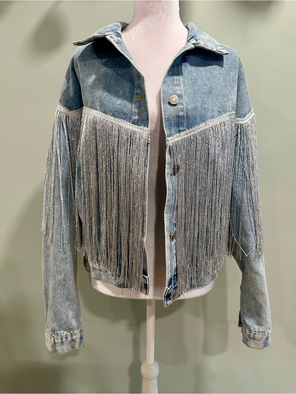 Fringed Light Wash Denim Jacket with Silver Fringe
